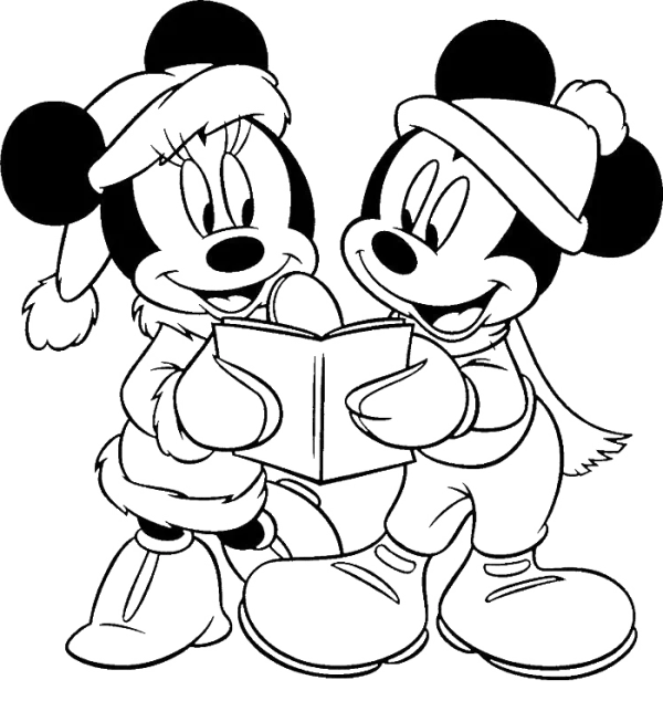 Mickey and Minnie Mouse Christmas Caroling Outline PNG