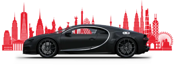 Black Bugatti Chiron with Red City Skyline PNG