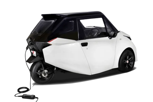 White Three-Wheeled Electric Car Charging PNG