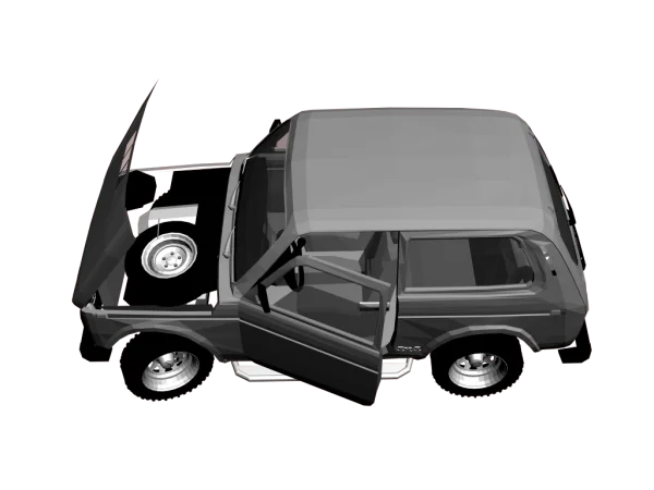 Gray Low-Poly SUV with Open Hood and Door PNG Transparent