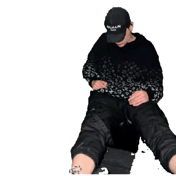 Young Man in Balmain Cap and Patterned Hoodie PNG