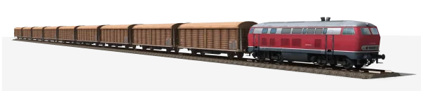 Red Diesel Locomotive with Freight Wagons PNG