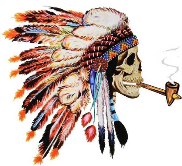 Skull in Native American Headdress Smoking Pipe PNG