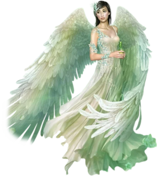 Ethereal Angel Woman with Green Wings PNG