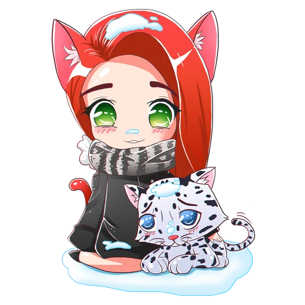 Cute Winter Chibi Girl and Cat in Snow PNG