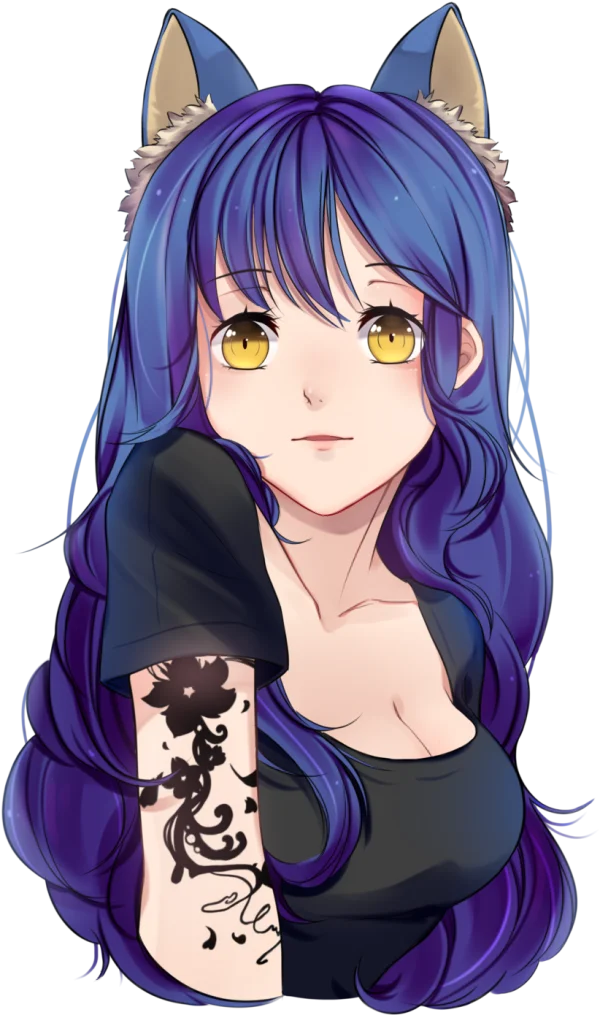 Anime Girl with Cat Ears and Tattoo PNG