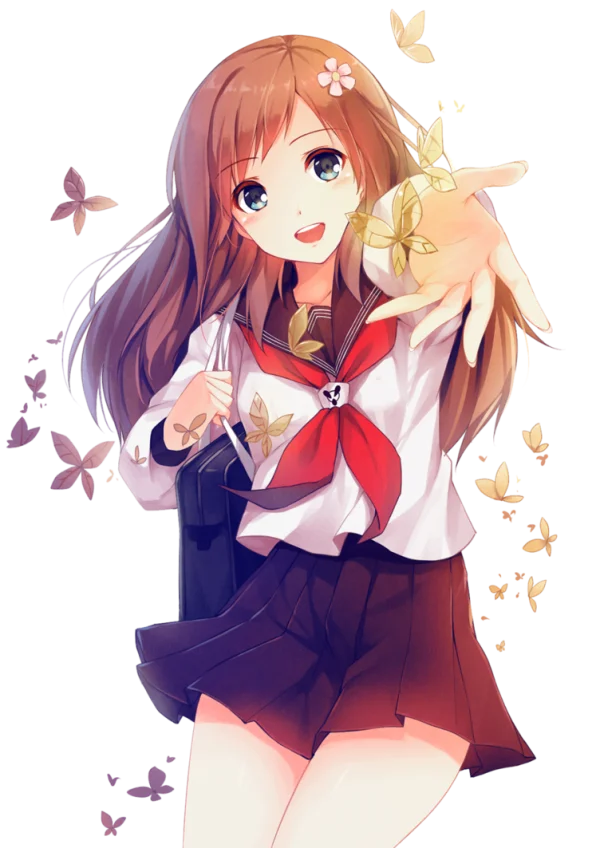 Anime Schoolgirl with Butterflies PNG Transparent