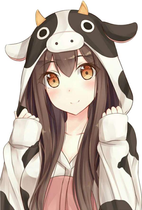 Anime Girl in Cow Hoodie PNG Transparent Background