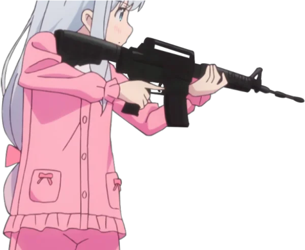 Anime Girl in Pink Pajamas with Rifle PNG Transparent Background