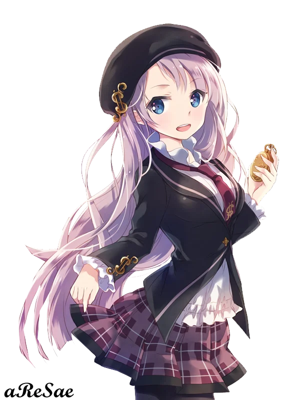 Anime School Girl with Beret and Pocket Watch PNG