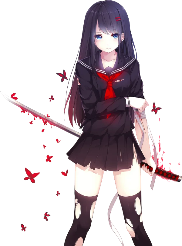 Anime Girl with Bloody Katana and Butterflies PNG Transparent
