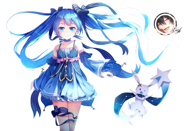 Blue Haired Anime Girl with Star Dress & Rabbit PNG