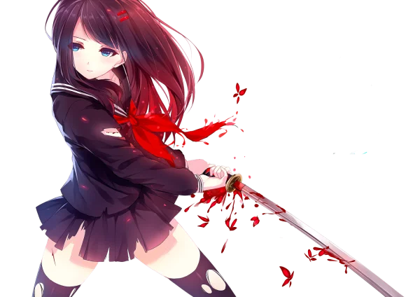 Anime Girl with Katana and Red Splatters PNG Transparent