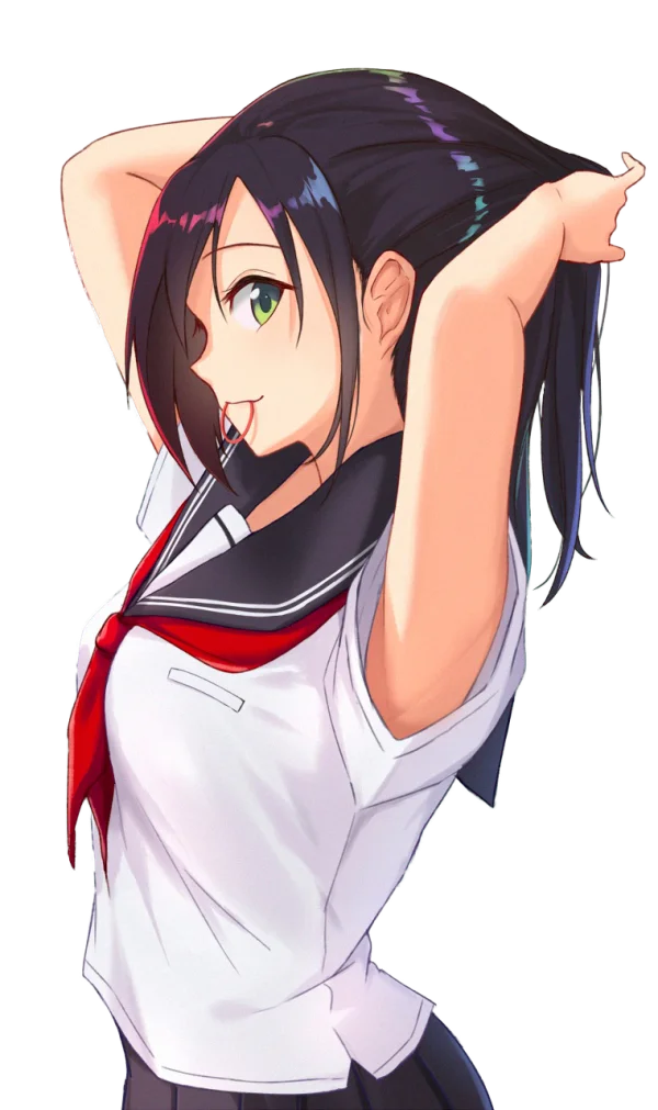 Cute Anime School Girl Adjusting Hair PNG