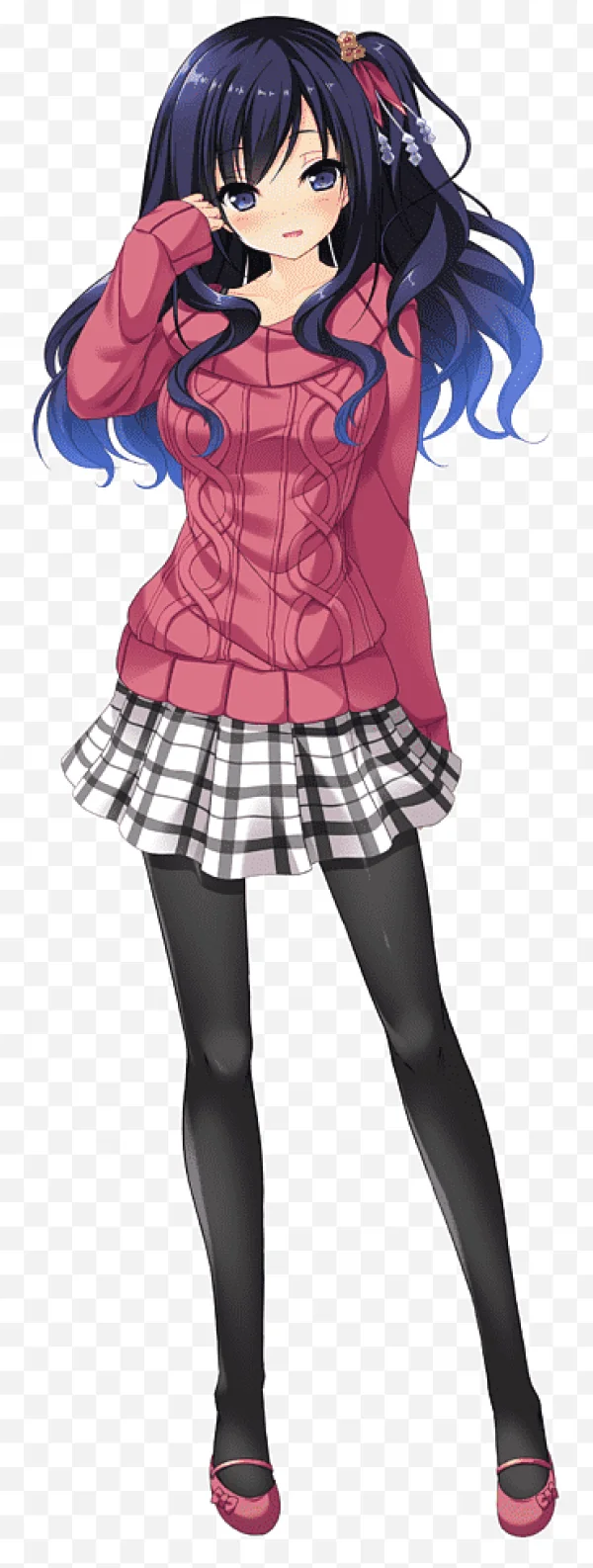 Anime Girl in Pink Sweater and Plaid Skirt PNG