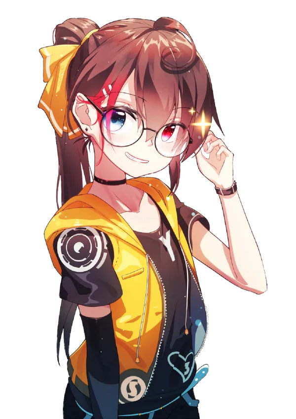 Cute Anime Girl in Yellow Hoodie with Glasses PNG