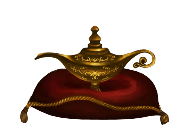Golden Magic Lamp on Red Pillow PNG