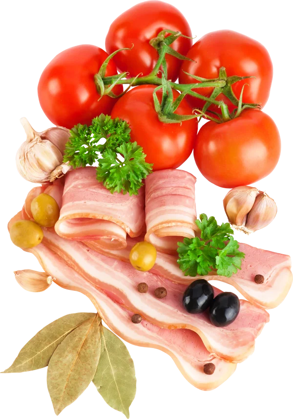 Bacon, Tomatoes, Garlic, and Olives Food Ingredients PNG