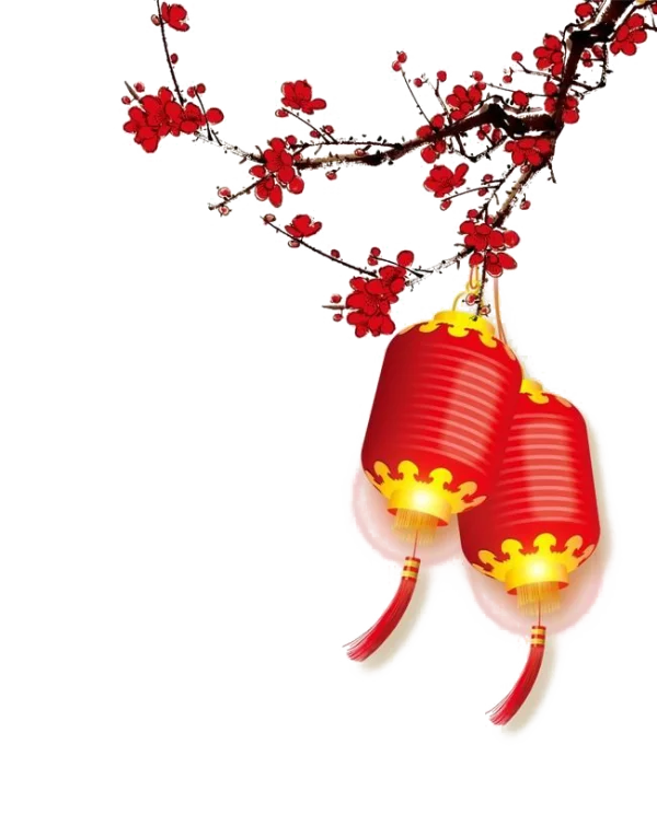 Red Chinese Lanterns with Plum Blossoms PNG Transparent