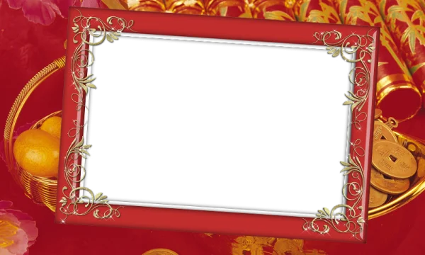 Red Decorative Frame with Golden Ornaments PNG