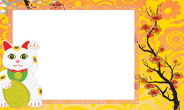 Lucky Cat and Cherry Blossom Frame PNG