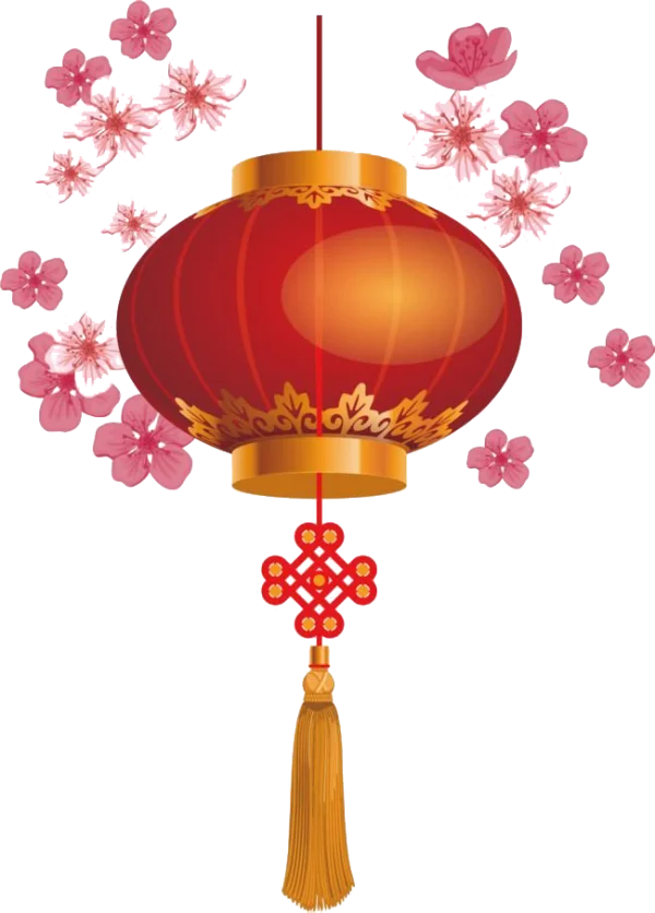 Red Chinese Lantern with Cherry Blossoms PNG