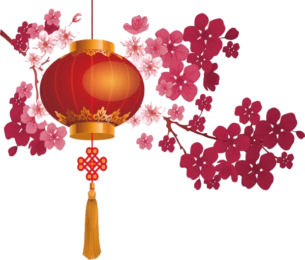 Red Chinese Lantern with Cherry Blossoms PNG