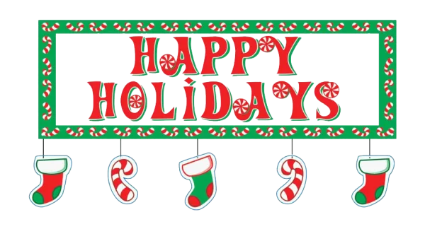 Happy Holidays Christmas Sign with Candy Canes and Stockings PNG