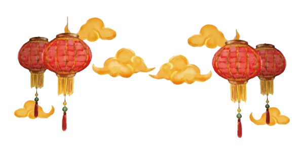 Watercolor Chinese Lanterns and Golden Clouds PNG Transparent Background
