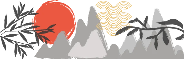 Japanese Brushstroke Landscape with Sun and Bamboo PNG