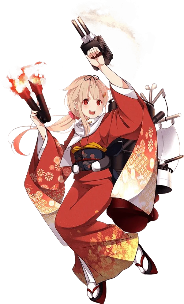 Cute Anime Girl in Red Kimono with Fireworks PNG Transparent