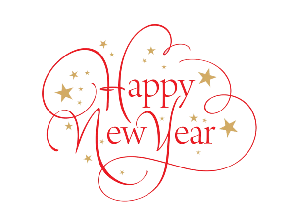 Happy New Year Red Script with Gold Stars PNG