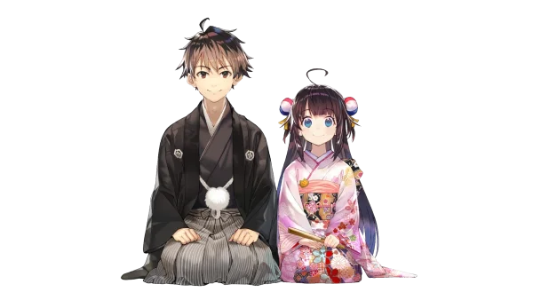 Anime Couple in Traditional Japanese Kimono PNG