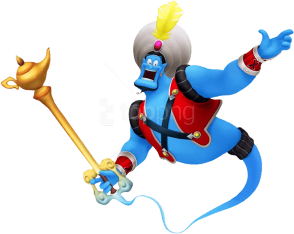 Genie from Aladdin Holding Magic Lamp Staff PNG