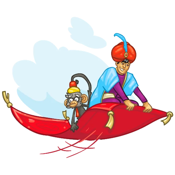 Aladdin Style Character and Monkey on Flying Carpet PNG
