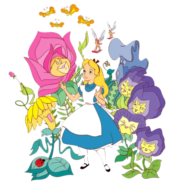 Alice in Wonderland with Talking Flowers PNG Transparent Background