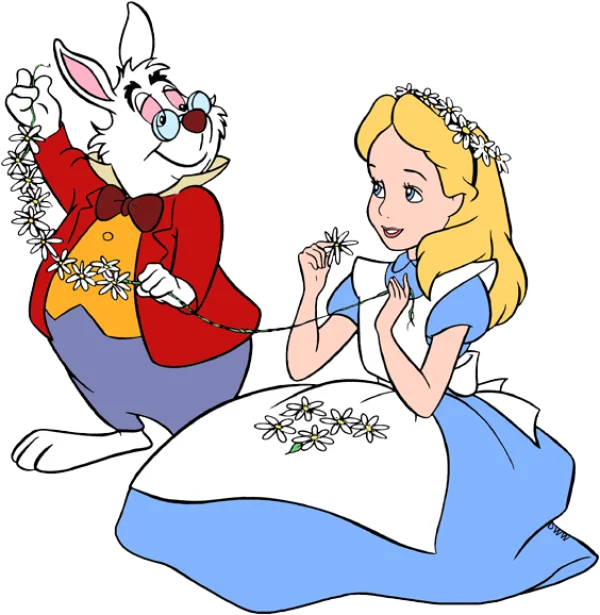 Alice and White Rabbit Making Daisy Chains PNG