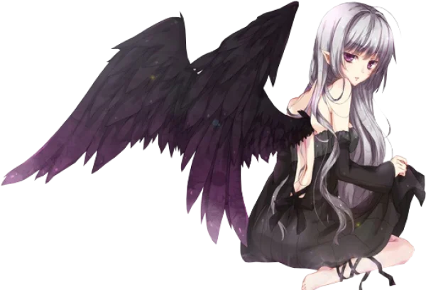 Dark Anime Angel Girl with Black Wings PNG Transparent
