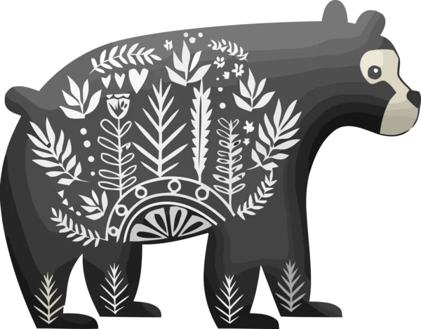 Folk Art Black Bear with Floral Pattern PNG