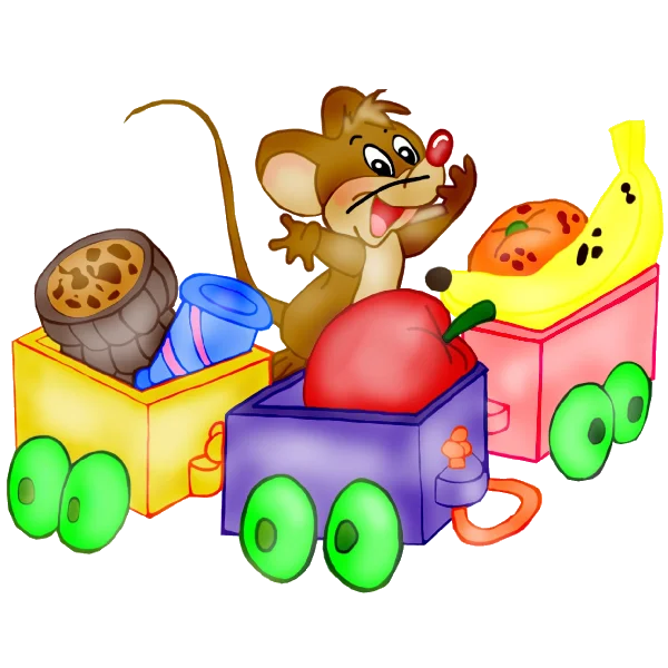 Cute Cartoon Mouse Driving Toy Train with Fruits PNG