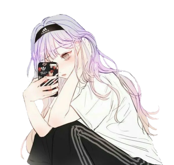 Anime Girl with Purple Hair and Phone PNG