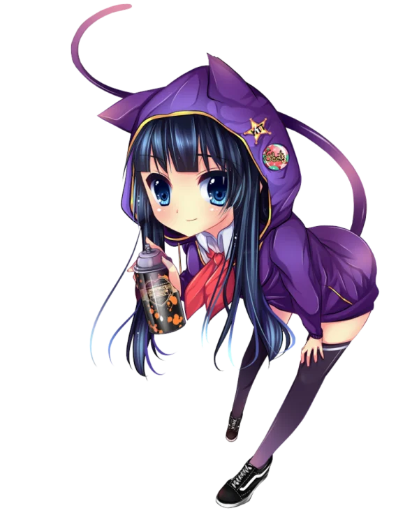 Anime Girl in Cat Hoodie with Spray Can PNG