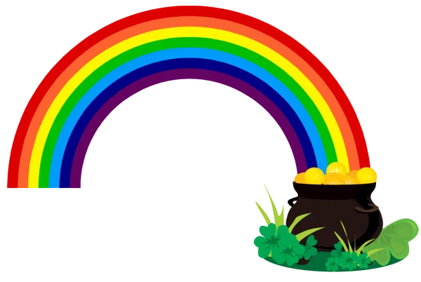 Rainbow with Pot of Gold and Clovers PNG Transparent Background