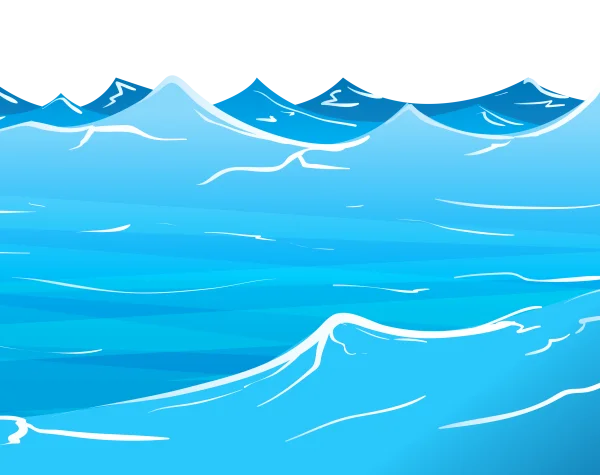 Stylized Blue Ocean Waves and Mountains PNG