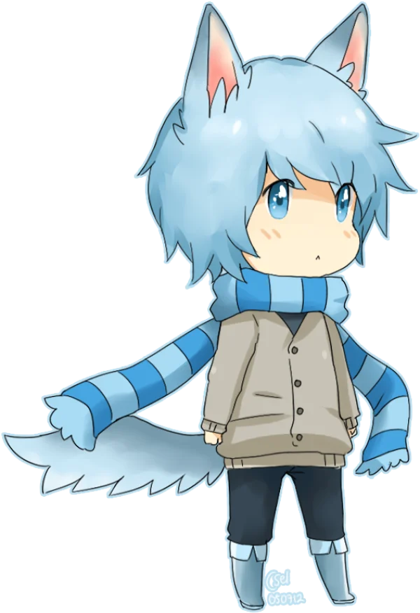 Cute Chibi Wolf Boy with Blue Scarf PNG