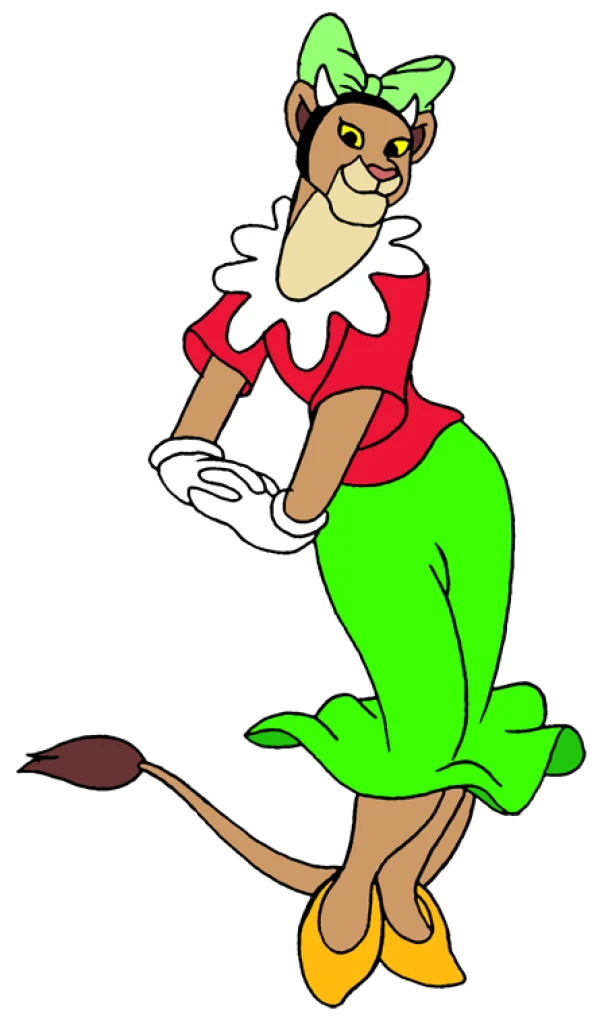 Cartoon Lioness Character in Red and Green Outfit PNG