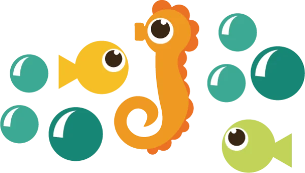 Cute Cartoon Seahorse and Fish with Bubbles PNG Transparent