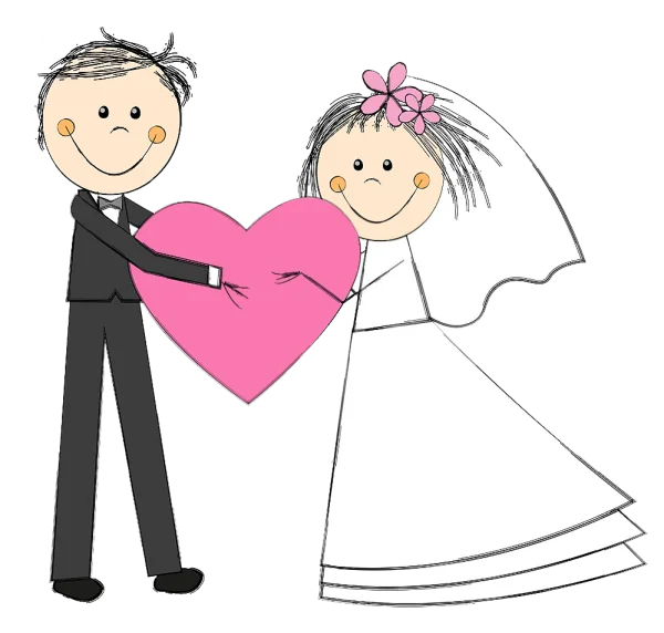Cartoon Wedding Couple with Pink Heart PNG