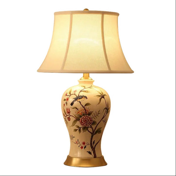 Ceramic Table Lamp with Floral Bird Design PNG Transparent