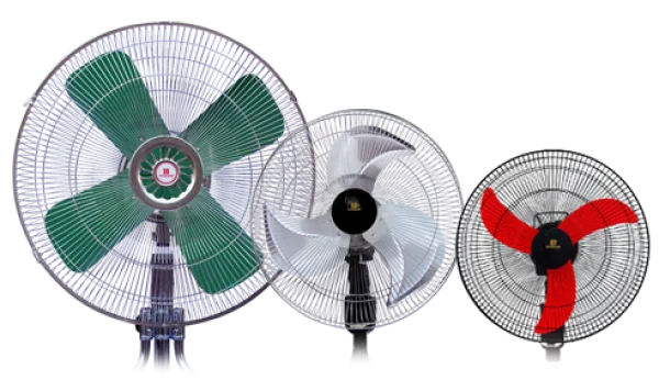 Three Colorful Electric Standing Fans PNG
